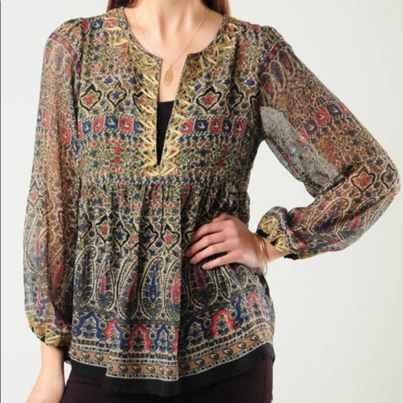 JOIE Janette gold embroidered silk chiffon long sleeve top - Picture 1 of 11